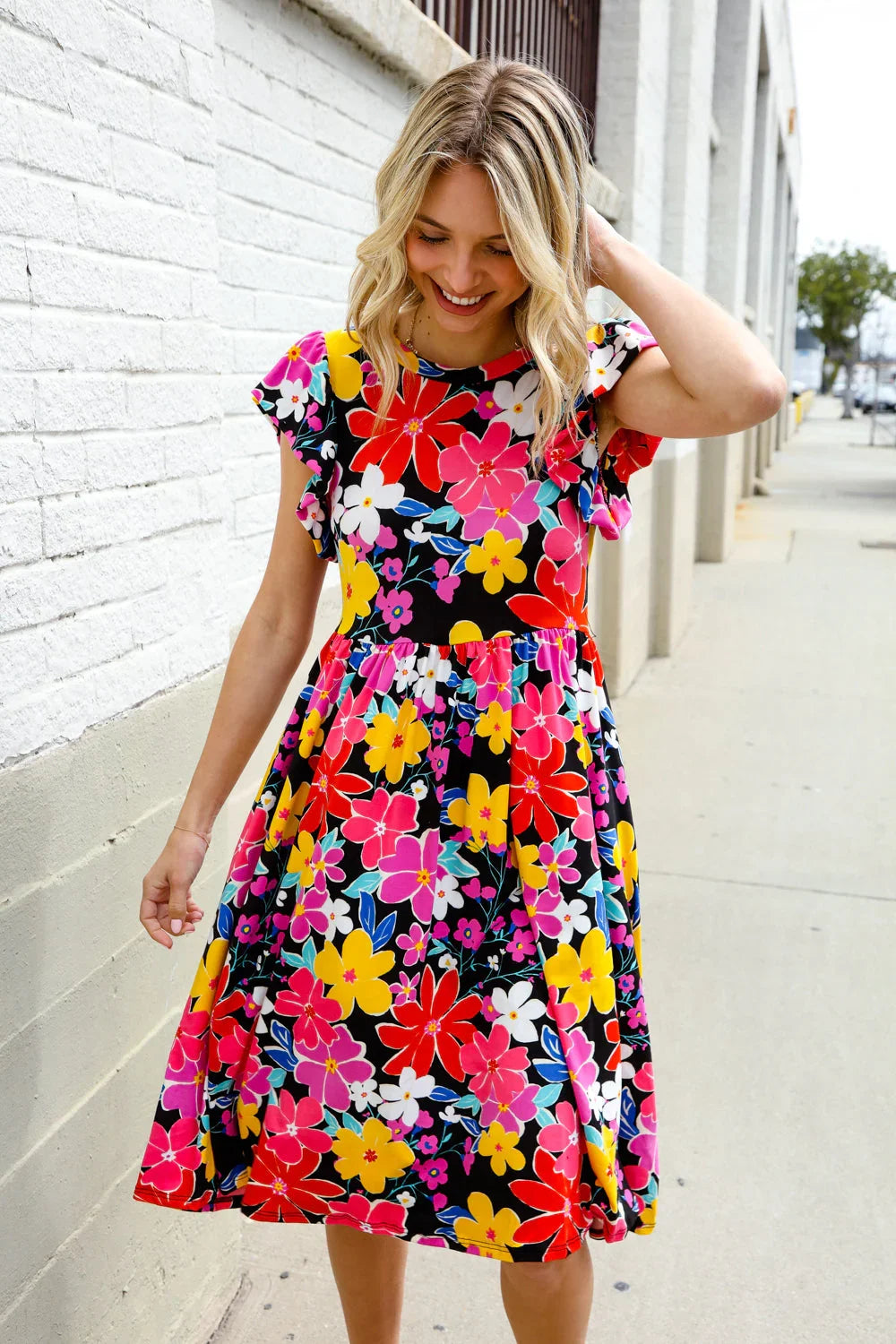 Spread Joy Black & Multicolor Floral Flutter Sleeve Babydoll Dress | Daverri Fashions