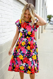 Spread Joy Black & Multicolor Floral Flutter Sleeve Babydoll Dress | Daverri Fashions