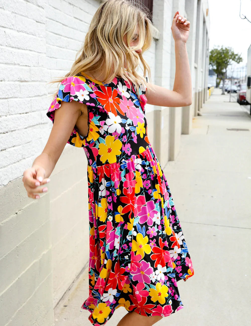 Spread Joy Black & Multicolor Floral Flutter Sleeve Babydoll Dress | Daverri Fashions