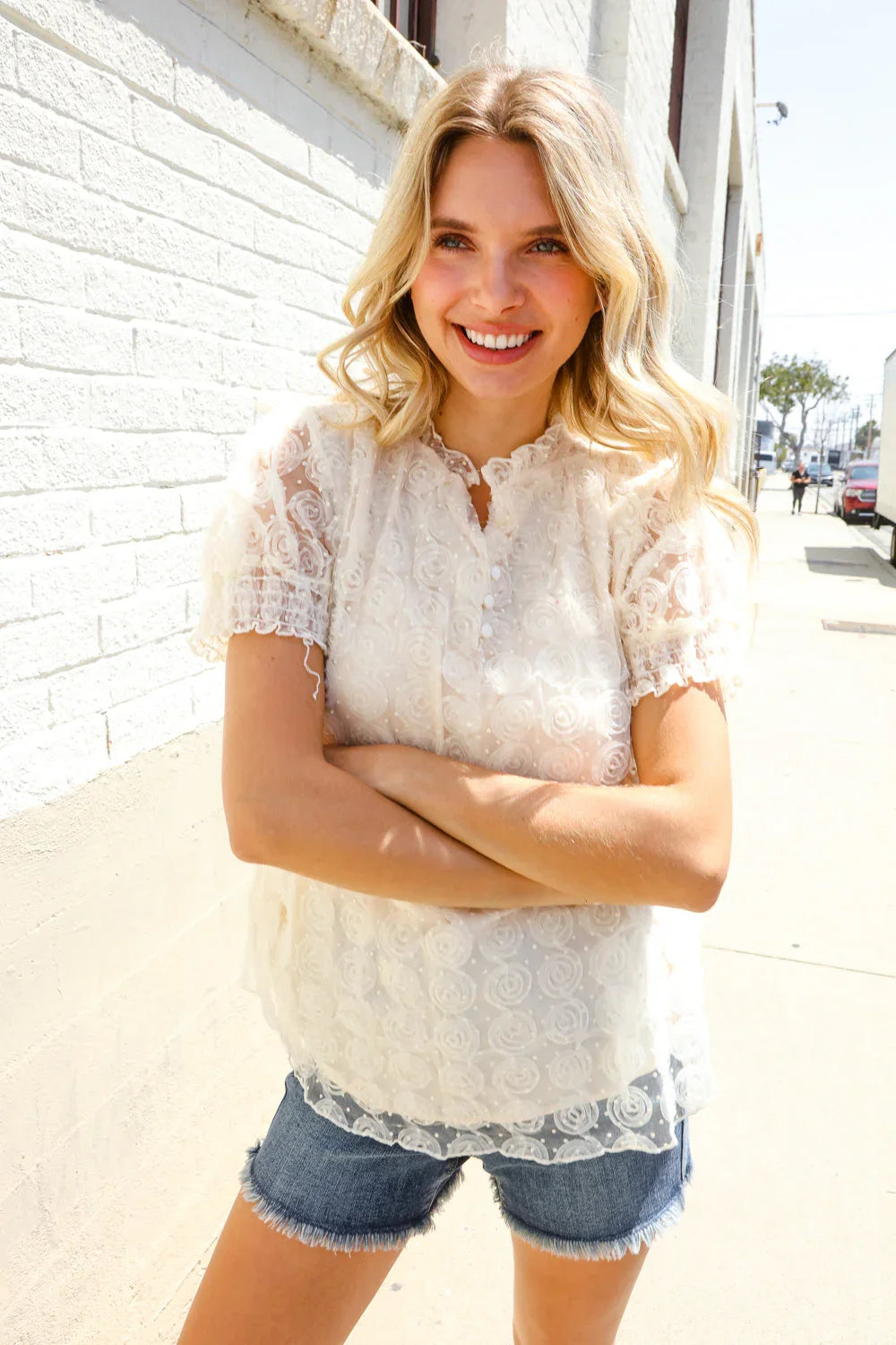 Classy Chic Ivory Swiss Dot Chiffon Button Yoke Lined Blouse | Daverri Fashions