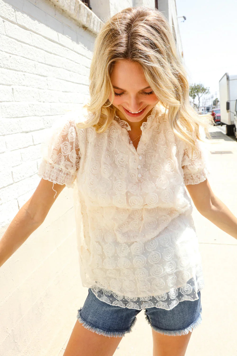 Classy Chic Ivory Swiss Dot Chiffon Button Yoke Lined Blouse | Daverri Fashions