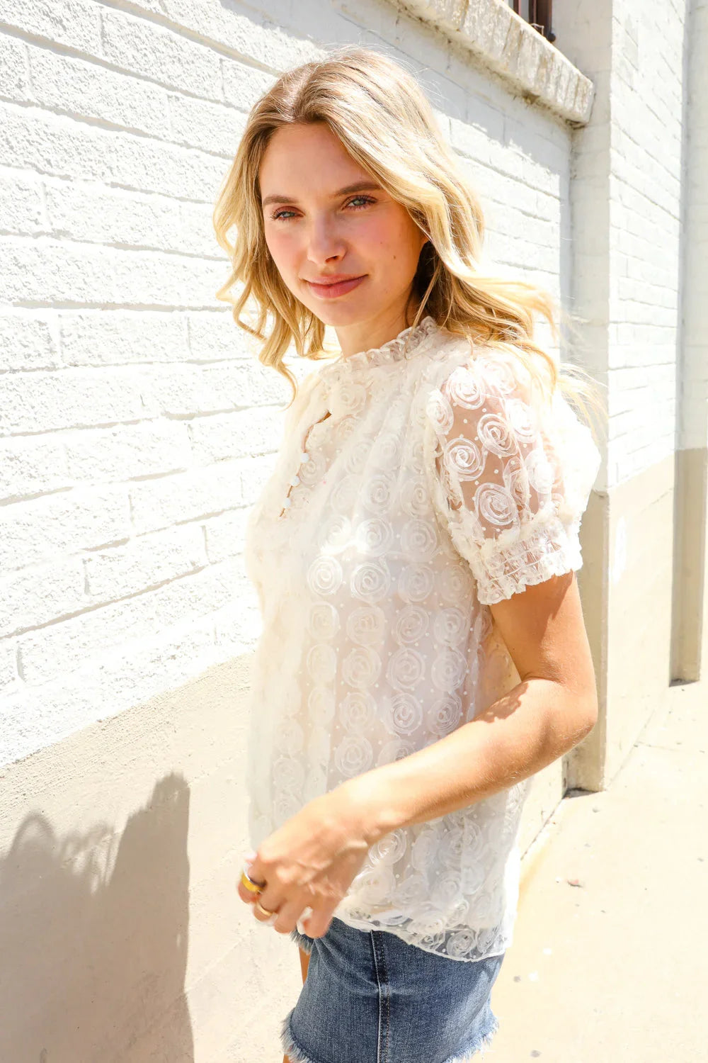 Classy Chic Ivory Swiss Dot Chiffon Button Yoke Lined Blouse | Daverri Fashions