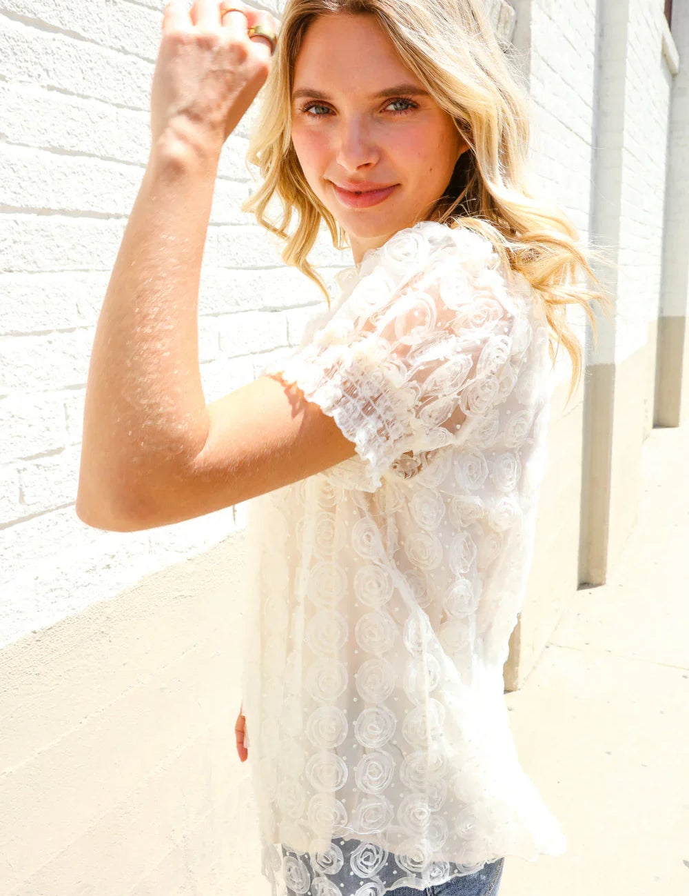 Classy Chic Ivory Swiss Dot Chiffon Button Yoke Lined Blouse | Daverri Fashions