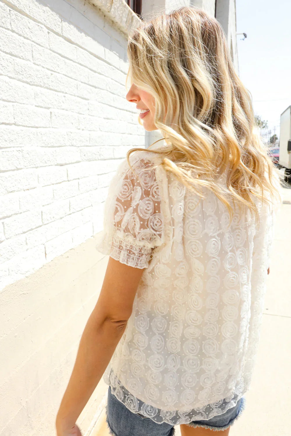 Classy Chic Ivory Swiss Dot Chiffon Button Yoke Lined Blouse | Daverri Fashions