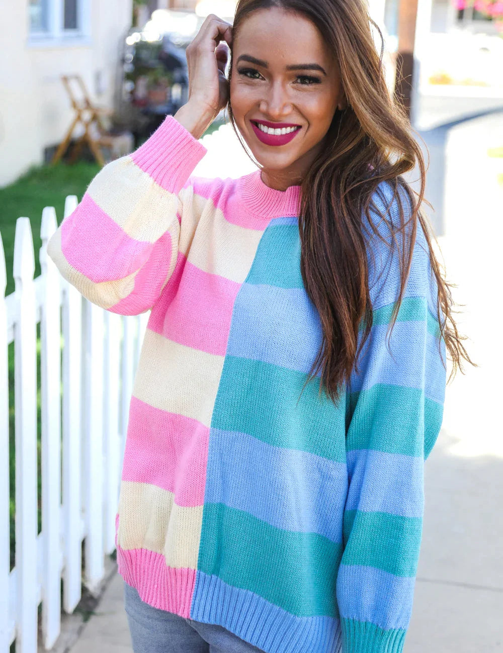 Catch Glances Blush & Blue Stripe Color Block Knit Sweater | Daverri Fashions