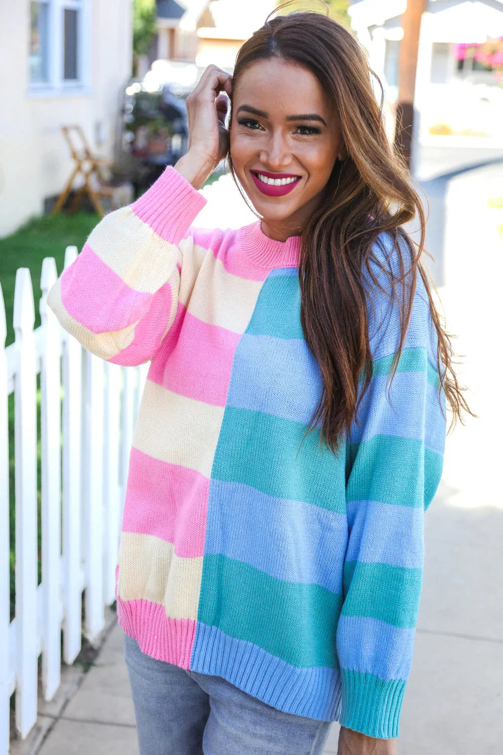 Catch Glances Blush & Blue Stripe Color Block Knit Sweater | Daverri Fashions