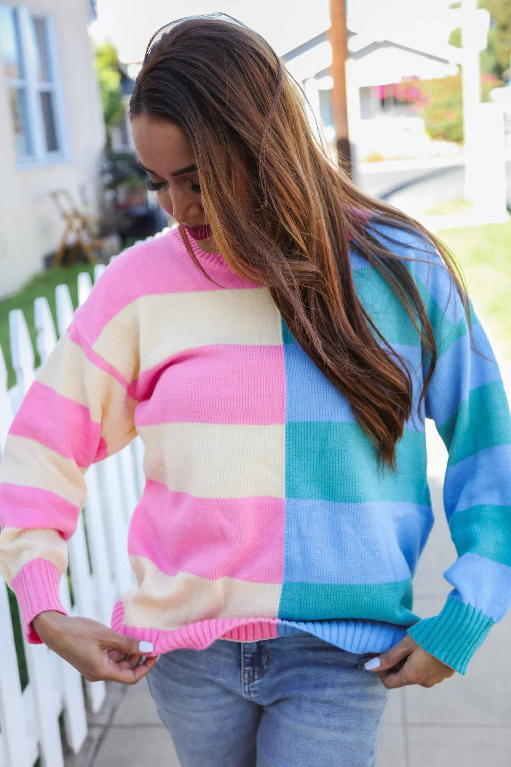 Catch Glances Blush & Blue Stripe Color Block Knit Sweater | Daverri Fashions