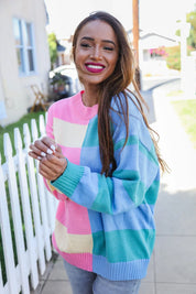 Catch Glances Blush & Blue Stripe Color Block Knit Sweater | Daverri Fashions