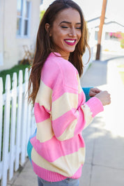 Catch Glances Blush & Blue Stripe Color Block Knit Sweater | Daverri Fashions