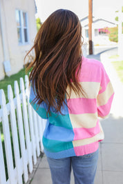 Catch Glances Blush & Blue Stripe Color Block Knit Sweater | Daverri Fashions