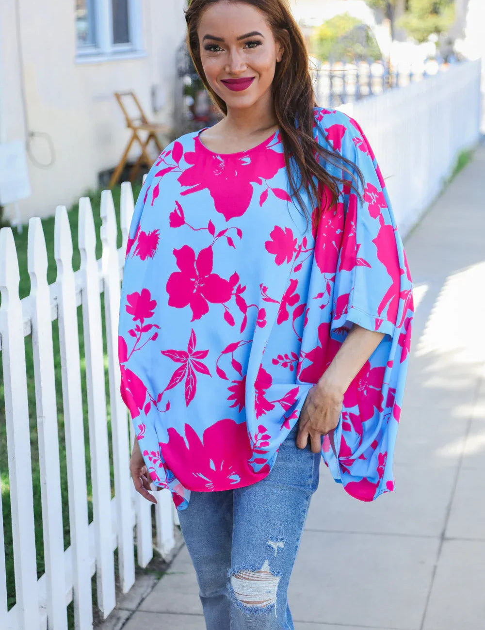 Follow Me Fuchsia Floral Asymmetrical Coverup Blouse | Daverri Fashions