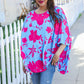 Vibrant fuchsia floral asymmetrical coverup blouse with cape-style top and flowing sleeves