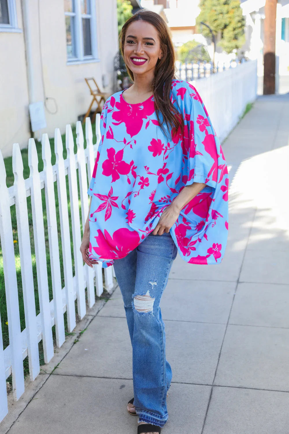 Follow Me Fuchsia Floral Asymmetrical Coverup Blouse | Daverri Fashions