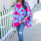 Vibrant fuchsia floral asymmetrical coverup blouse with blue pink print and wide flowing sleeves