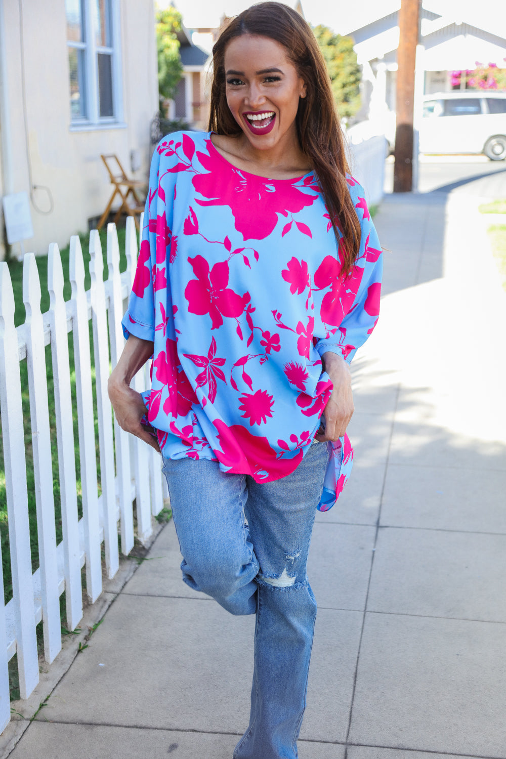 Vibrant fuchsia floral asymmetrical coverup blouse in blue pink print