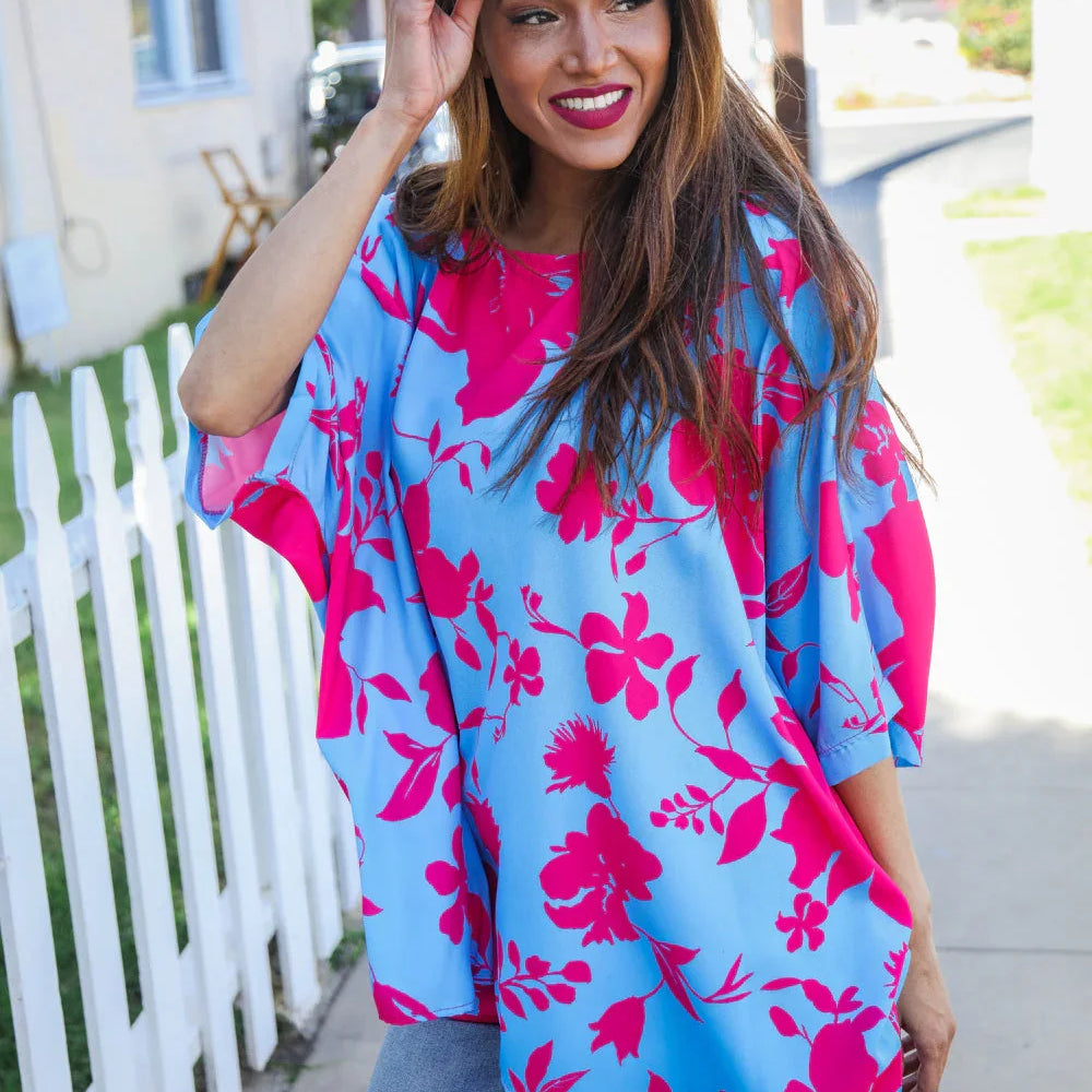 Follow Me Fuchsia Floral Asymmetrical Coverup Blouse | Daverri Fashions
