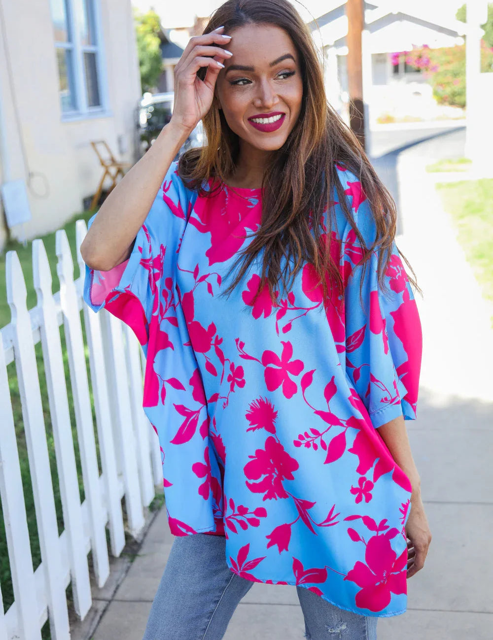 Follow Me Fuchsia Floral Asymmetrical Coverup Blouse | Daverri Fashions