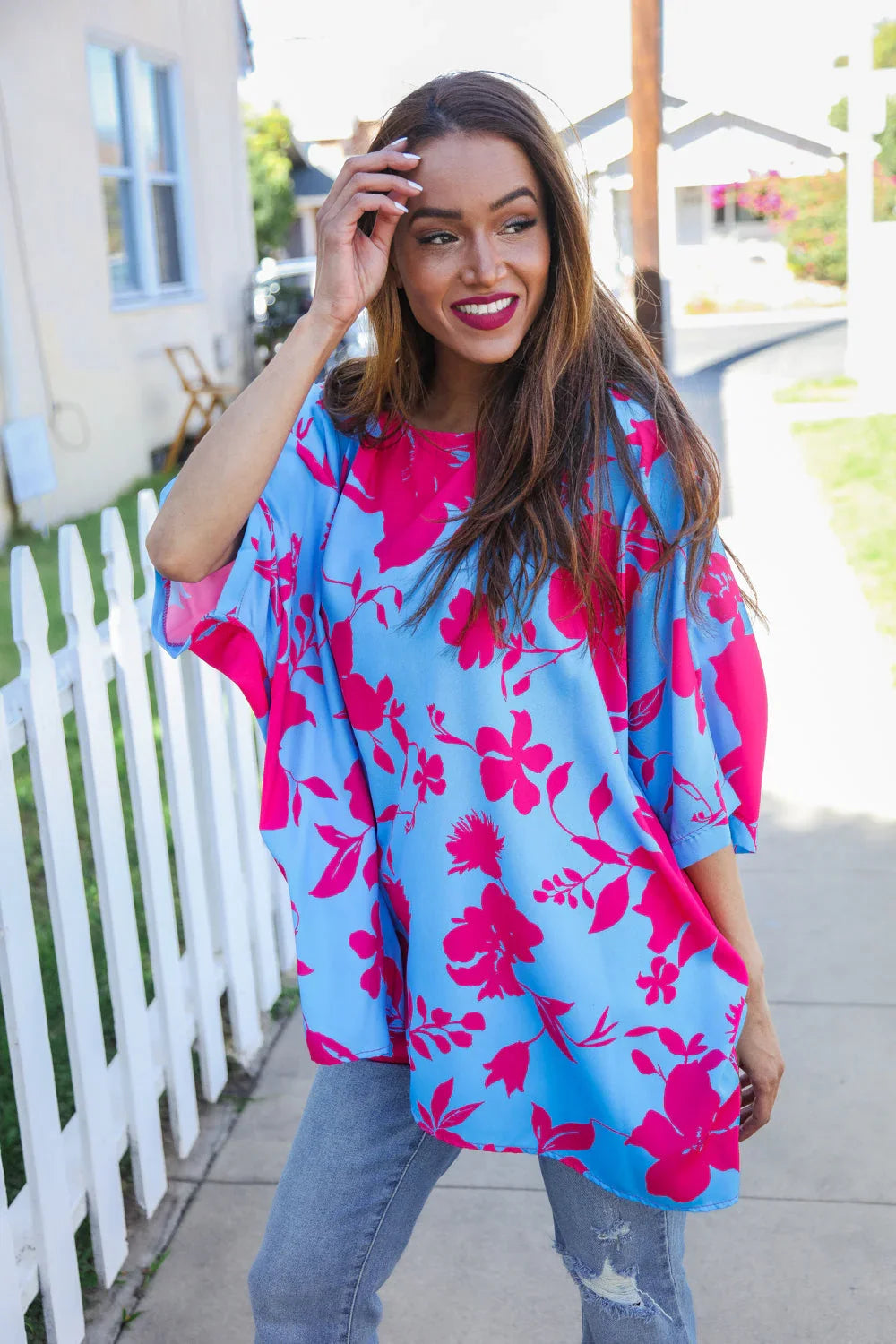 Follow Me Fuchsia Floral Asymmetrical Coverup Blouse | Daverri Fashions