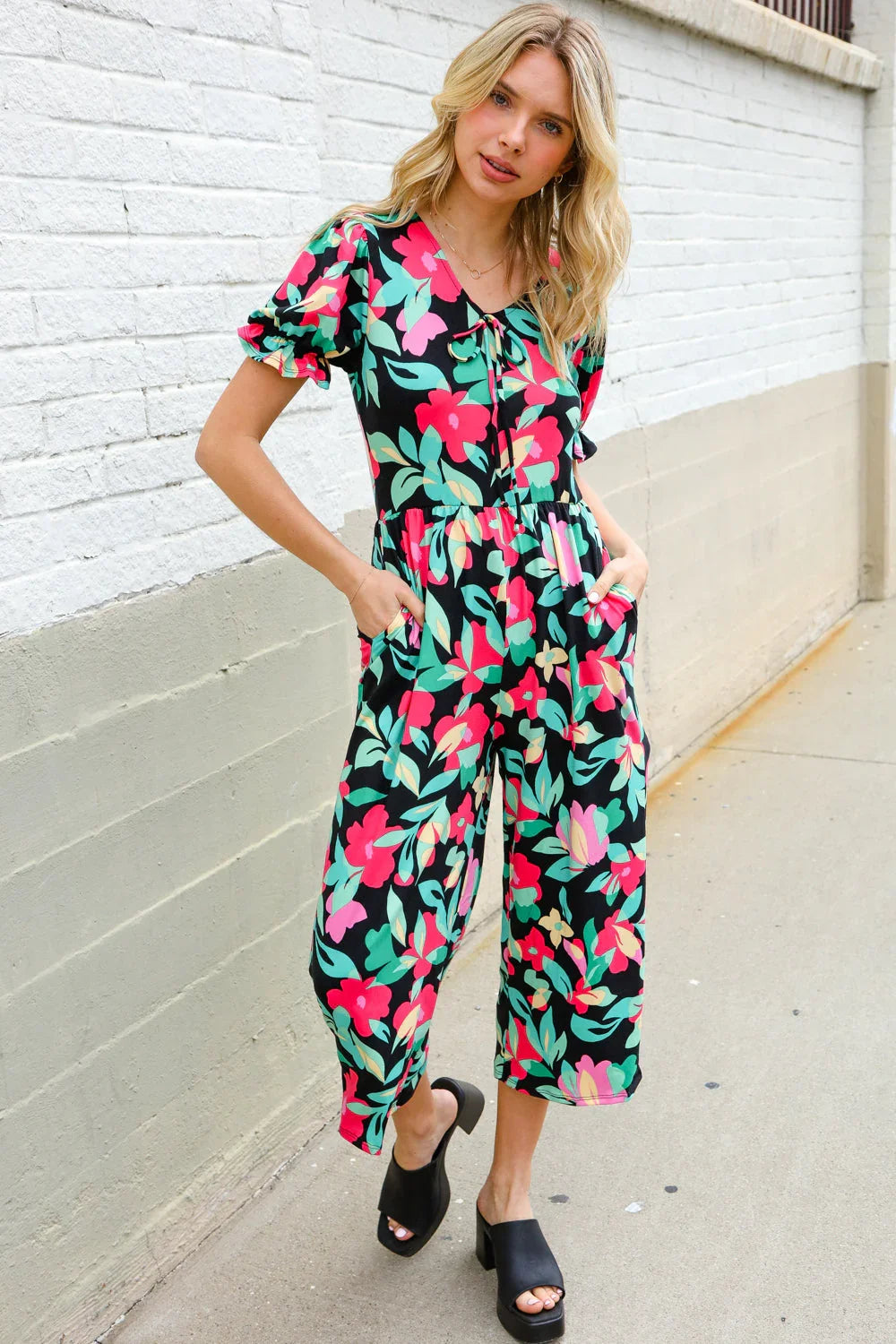 Spring Vibes Tropical Floral Ruffle Sleeve Wide Leg Jumpsuit | Daverri Fashions