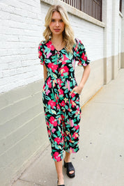 Spring Vibes Tropical Floral Ruffle Sleeve Wide Leg Jumpsuit | Daverri Fashions