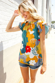 Be Bold Multicolor Abstract Print Flutter Sleeve Mock Neck Top | 07-01-25 Summer Sale Daverri Fashions