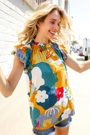 Be Bold Multicolor Abstract Print Flutter Sleeve Mock Neck Top | 07-01-25 Summer Sale Daverri Fashions