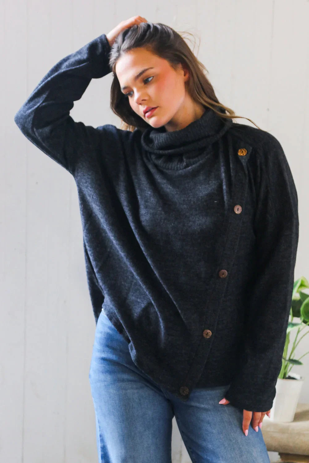 Buttoned Bliss Black Cozy Sweater | Daverri Fashions