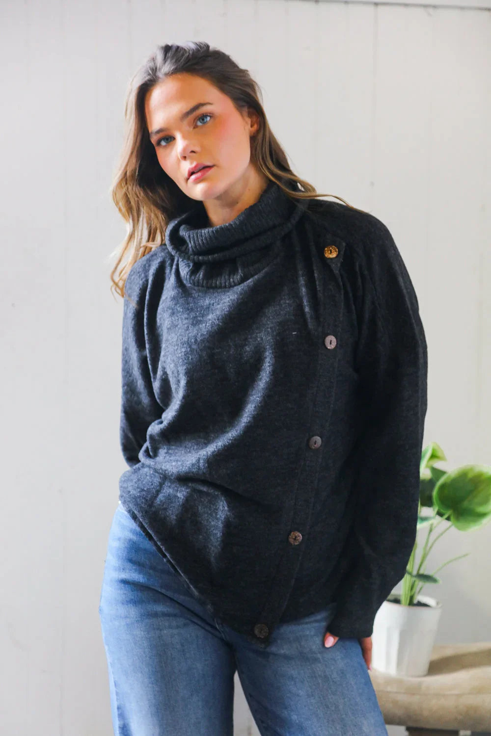 Buttoned Bliss Black Cozy Sweater | Daverri Fashions