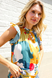 Be Bold Multicolor Abstract Print Flutter Sleeve Mock Neck Top | 07-01-25 Summer Sale Daverri Fashions