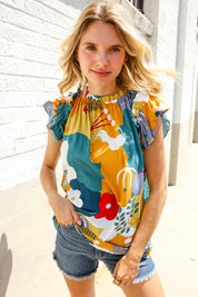 Be Bold Multicolor Abstract Print Flutter Sleeve Mock Neck Top | 07-01-25 Summer Sale Daverri Fashions