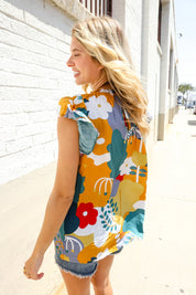 Be Bold Multicolor Abstract Print Flutter Sleeve Mock Neck Top | 07-01-25 Summer Sale Daverri Fashions