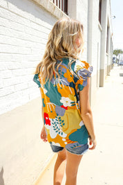 Be Bold Multicolor Abstract Print Flutter Sleeve Mock Neck Top | 07-01-25 Summer Sale Daverri Fashions