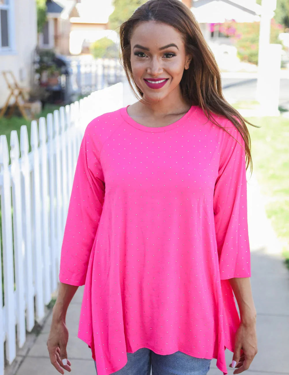 Be Bold Hot Pink Glitter Stud Scarf Hem Top | Daverri Fashions