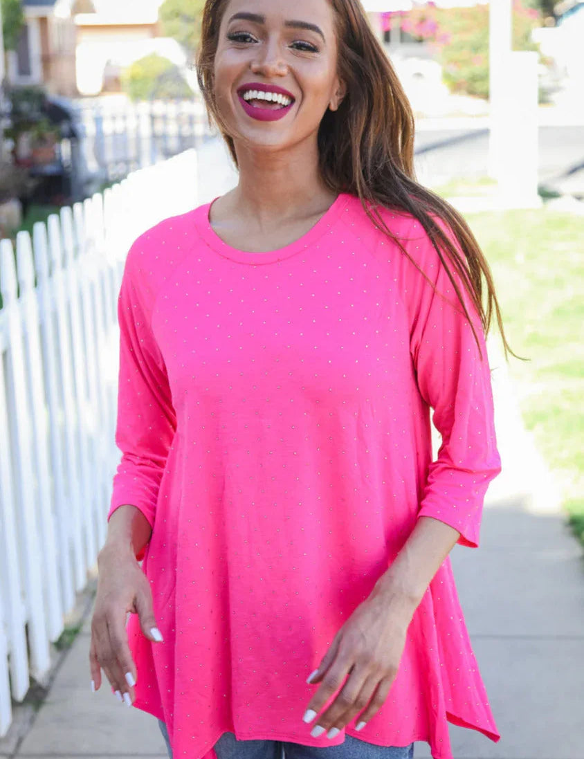 Be Bold Hot Pink Glitter Stud Scarf Hem Top | Daverri Fashions
