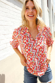 Elegant You Ruby Notched Neck Floral Smocked Sleeve Blouse | Daverri Fashions