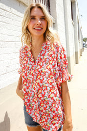 Elegant You Ruby Notched Neck Floral Smocked Sleeve Blouse | Daverri Fashions