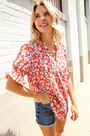 Elegant You Ruby Notched Neck Floral Smocked Sleeve Blouse | Daverri Fashions