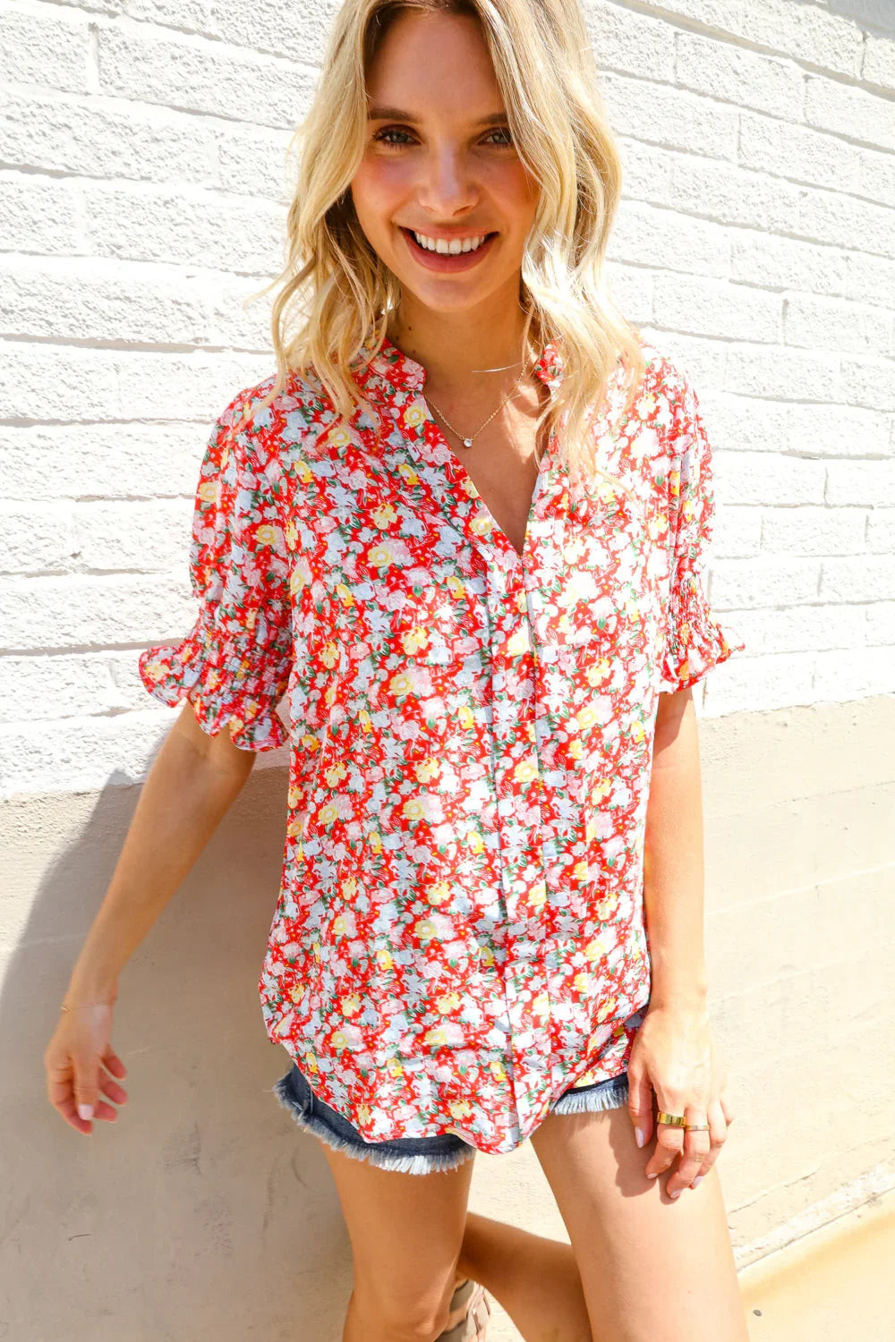 Elegant You Ruby Notched Neck Floral Smocked Sleeve Blouse | Daverri Fashions