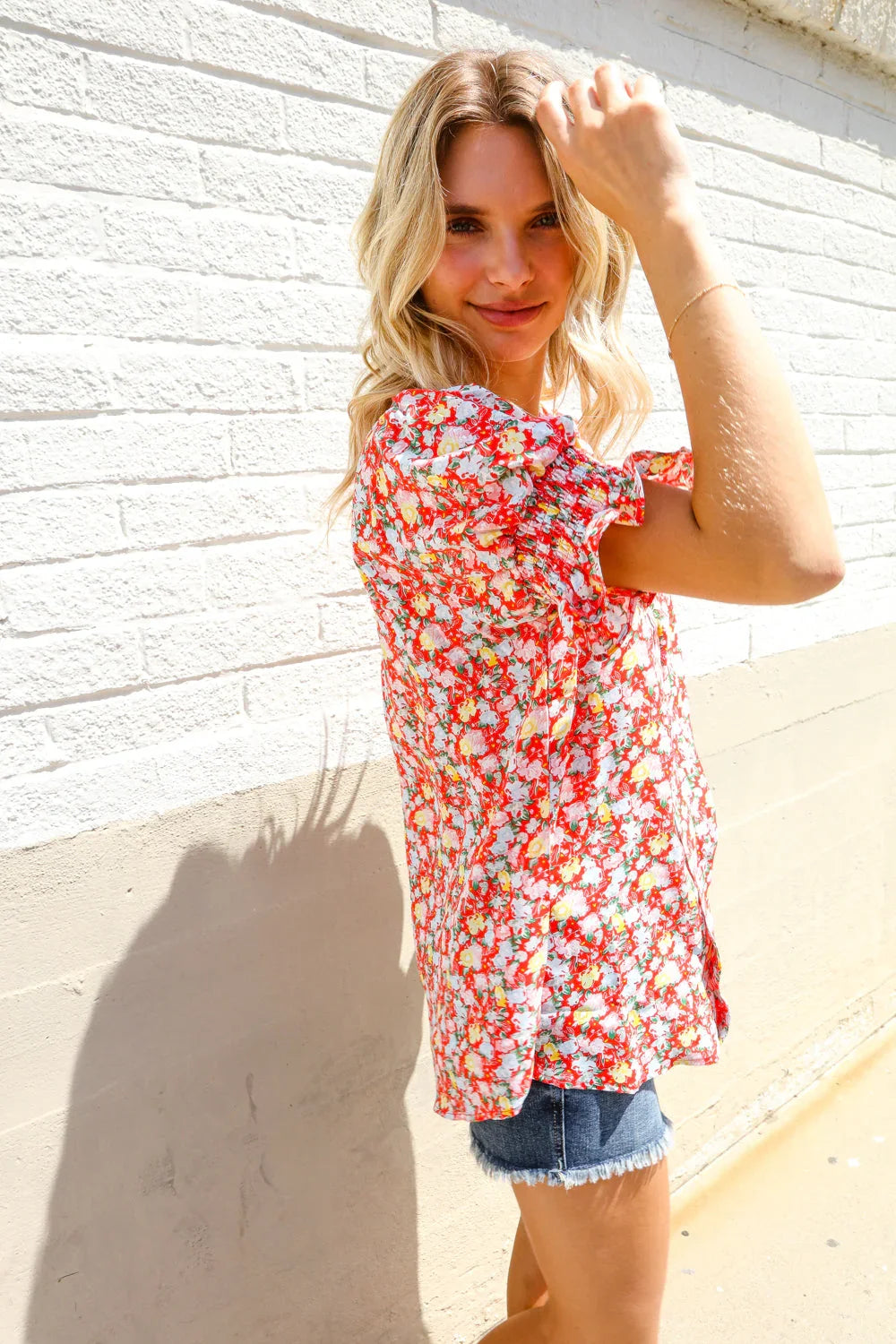 Elegant You Ruby Notched Neck Floral Smocked Sleeve Blouse | Daverri Fashions