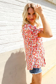 Elegant You Ruby Notched Neck Floral Smocked Sleeve Blouse | Daverri Fashions