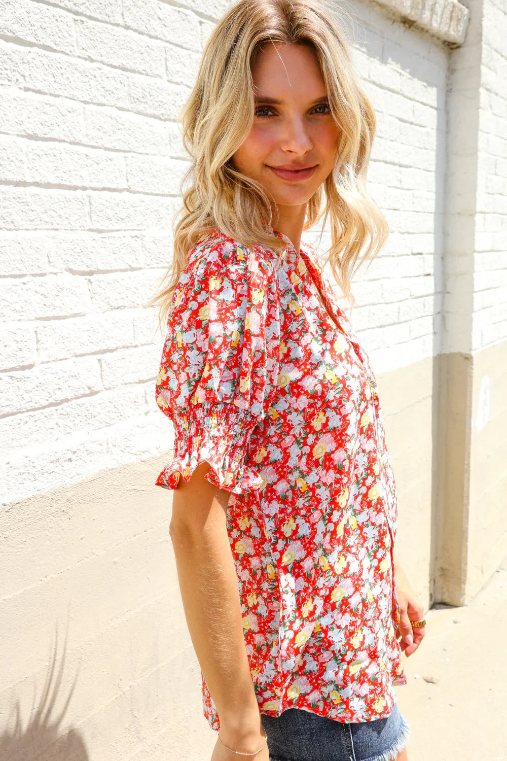 Elegant You Ruby Notched Neck Floral Smocked Sleeve Blouse | Daverri Fashions