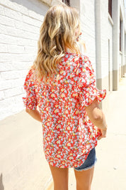 Elegant You Ruby Notched Neck Floral Smocked Sleeve Blouse | Daverri Fashions