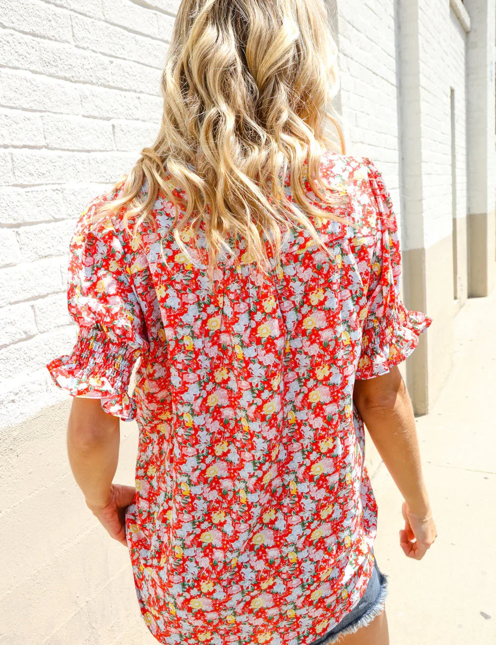 Elegant You Ruby Notched Neck Floral Smocked Sleeve Blouse | Daverri Fashions