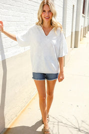 Lock Eyes White Pointelle Collar V Neck Short Sleeve Top | Daverri Fashions