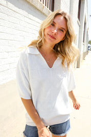 Lock Eyes White Pointelle Collar V Neck Short Sleeve Top | Daverri Fashions