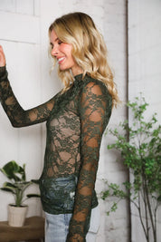A Feminine Touch Olive Semi Sheer Lace Top | Daverri Fashions