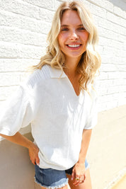 Lock Eyes White Pointelle Collar V Neck Short Sleeve Top | Daverri Fashions