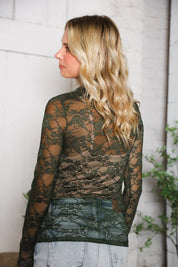 A Feminine Touch Olive Semi Sheer Lace Top | Daverri Fashions