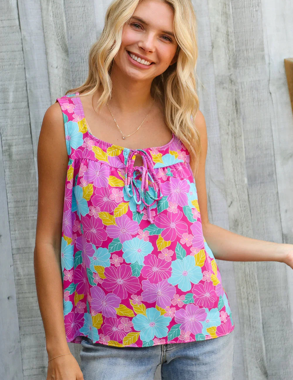 Summer Vibes Fuchsia Square Neck Floral Bow Tie Top | Daverri Fashions