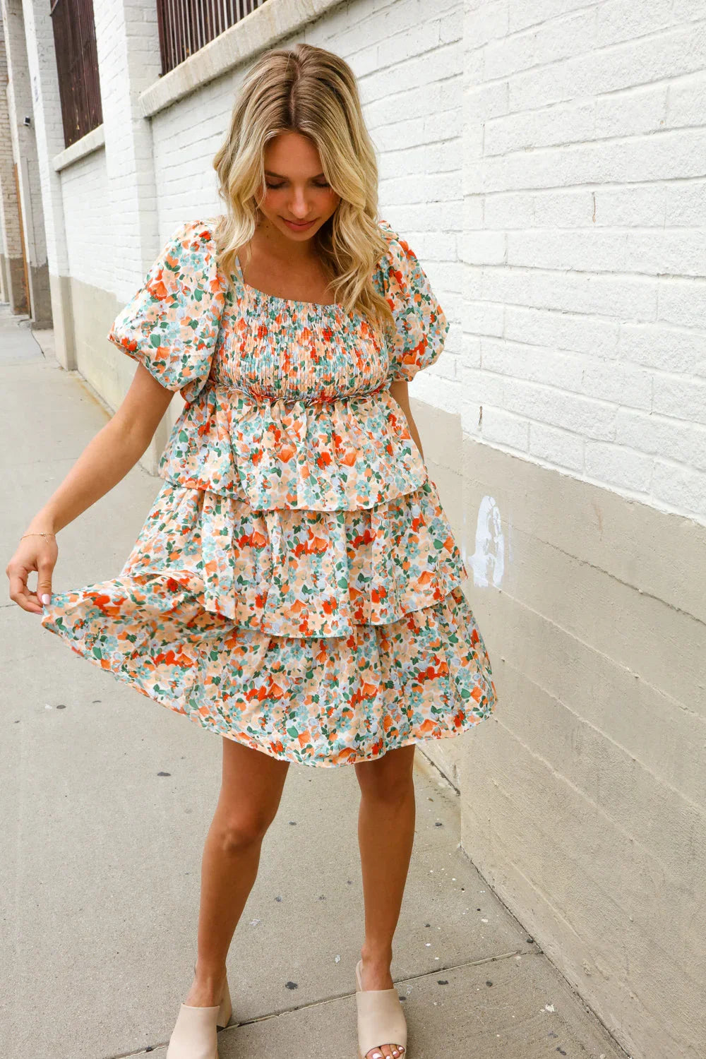 Find Love Floral Print Smocked Neck Puff Sleeve Ruffle Tiered Dress | Daverri Fashions